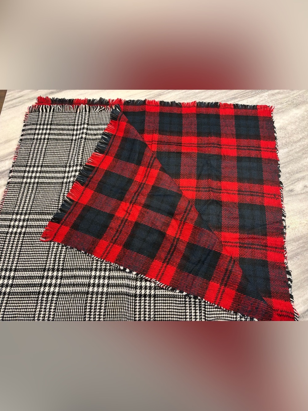 Reversible Plaid Scarf or Stadium Blanket - Red & Black with Houndstooth Reverse